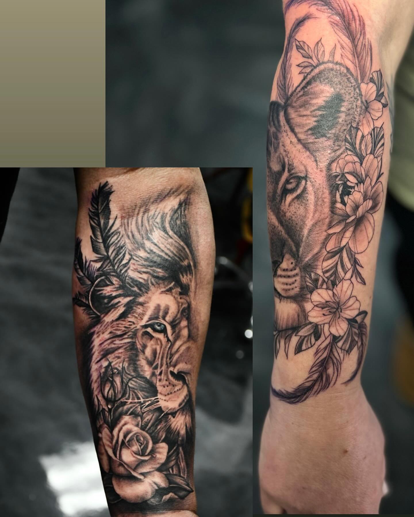 Lion and elephant realism tattoo on the forearm by Jaiden Ducoff