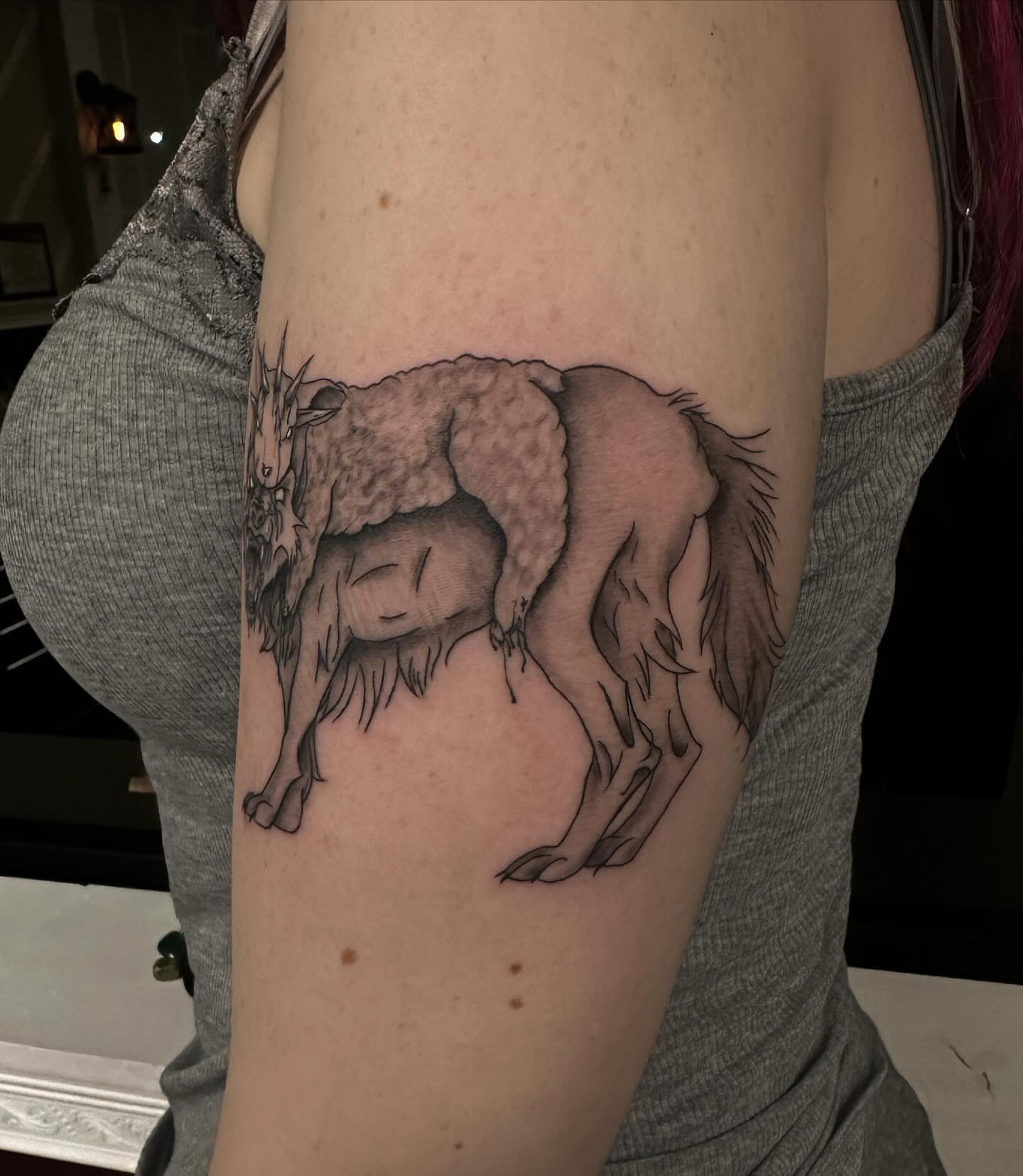 Goat and lamb black and grey tattoo on the forearm by chloe🗡️🖤🦇🩸