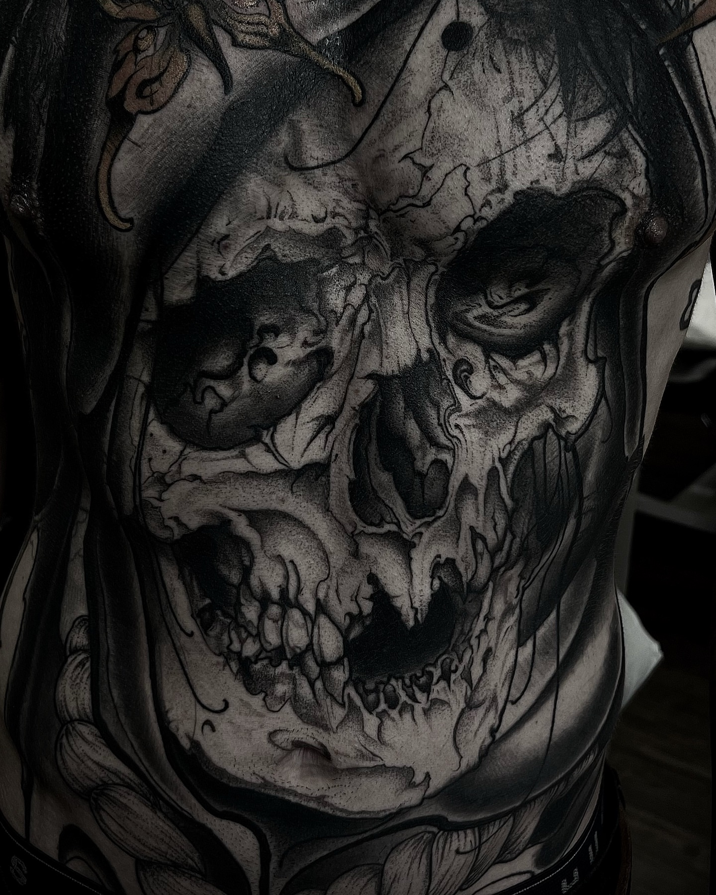 Skull realism tattoo on the chest by Lorenzo Gomez, San Diego, California