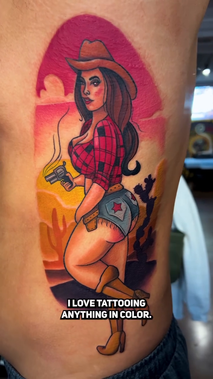 Cowgirl American traditional tattoo by Chelsey Moore, Albuquerque, New Mexico