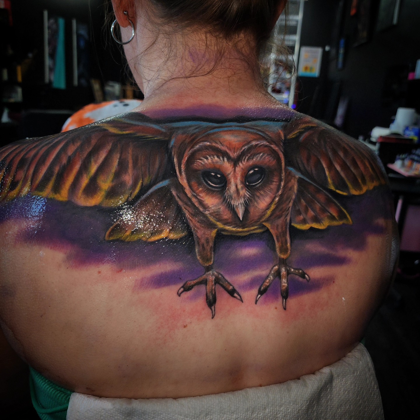 Owl realism tattoo on the back by Drew Siciliano, Glendale, Arizona