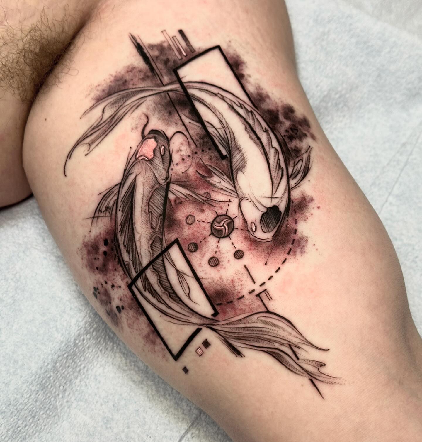 Fish and geometric shapes dotwork tattoo on the thigh by Z.