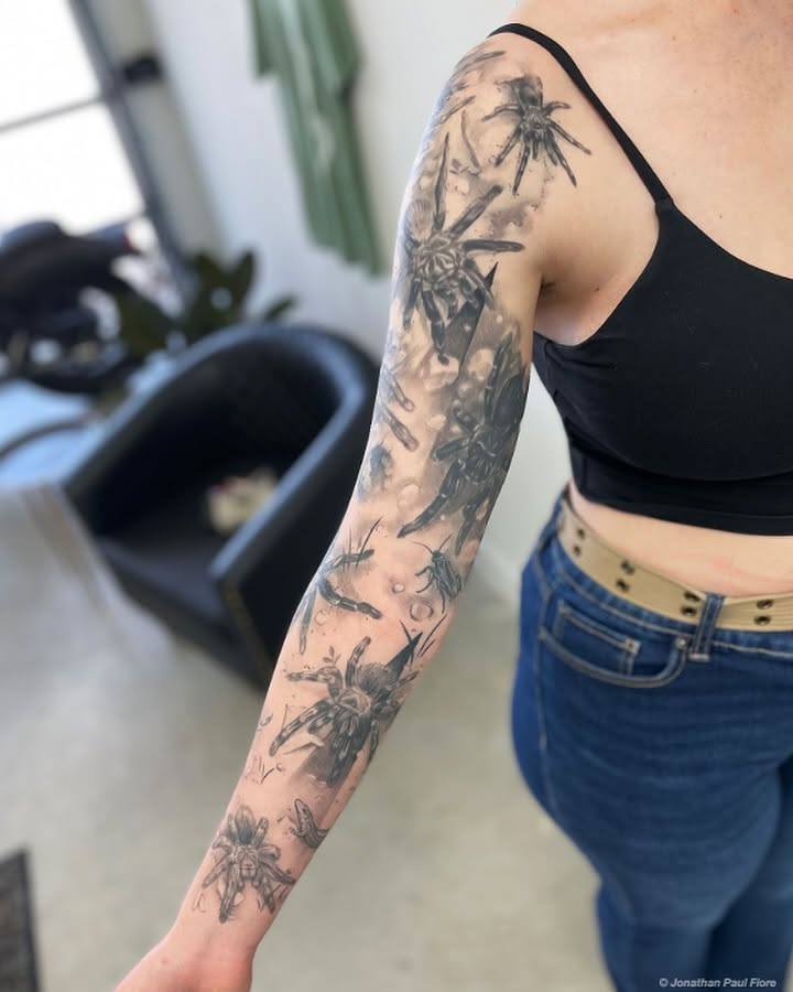 Spiders realism tattoo on the forearm by Jonathan Paul Fiore, Austin, Texas