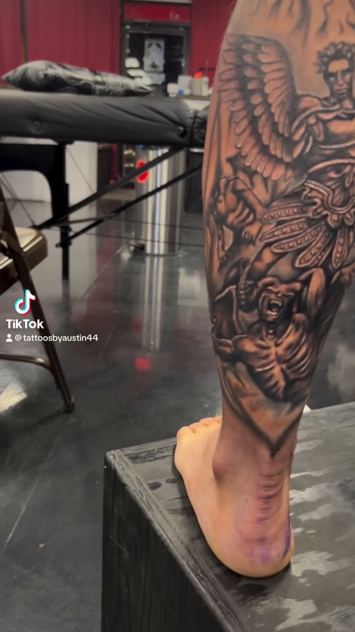 Angelic battle scene dark realism tattoo by 🔥Austin Burke 🔥TATTOO ARTIST
