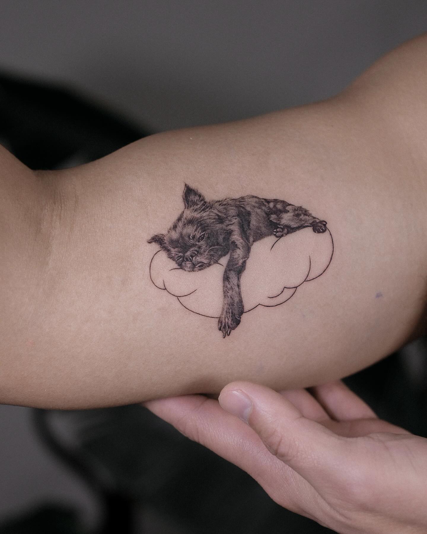 Cat sleeping on cloud realism tattoo on the forearm by Kate