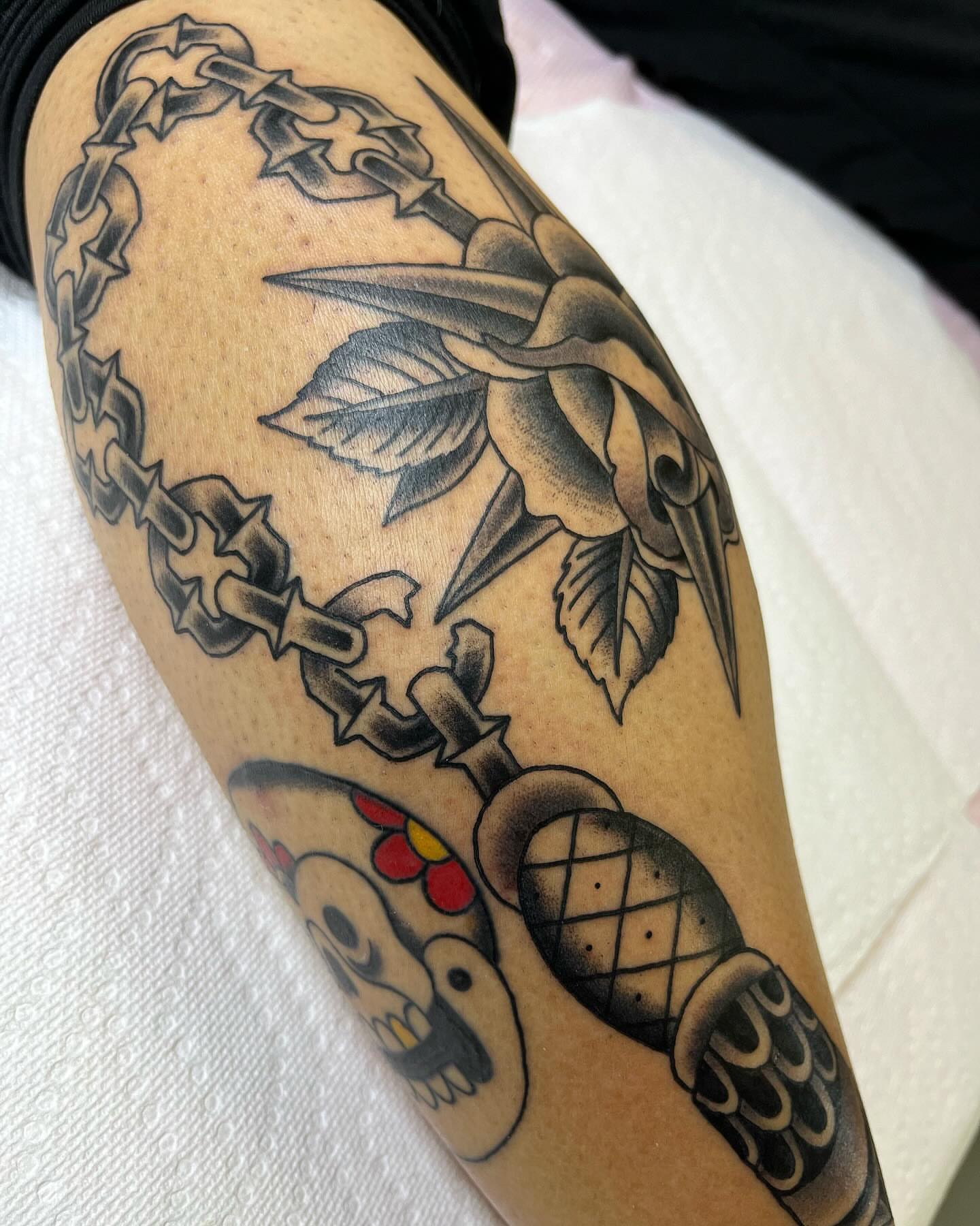Chain and dagger American traditional tattoo on the forearm by Pedroux M.