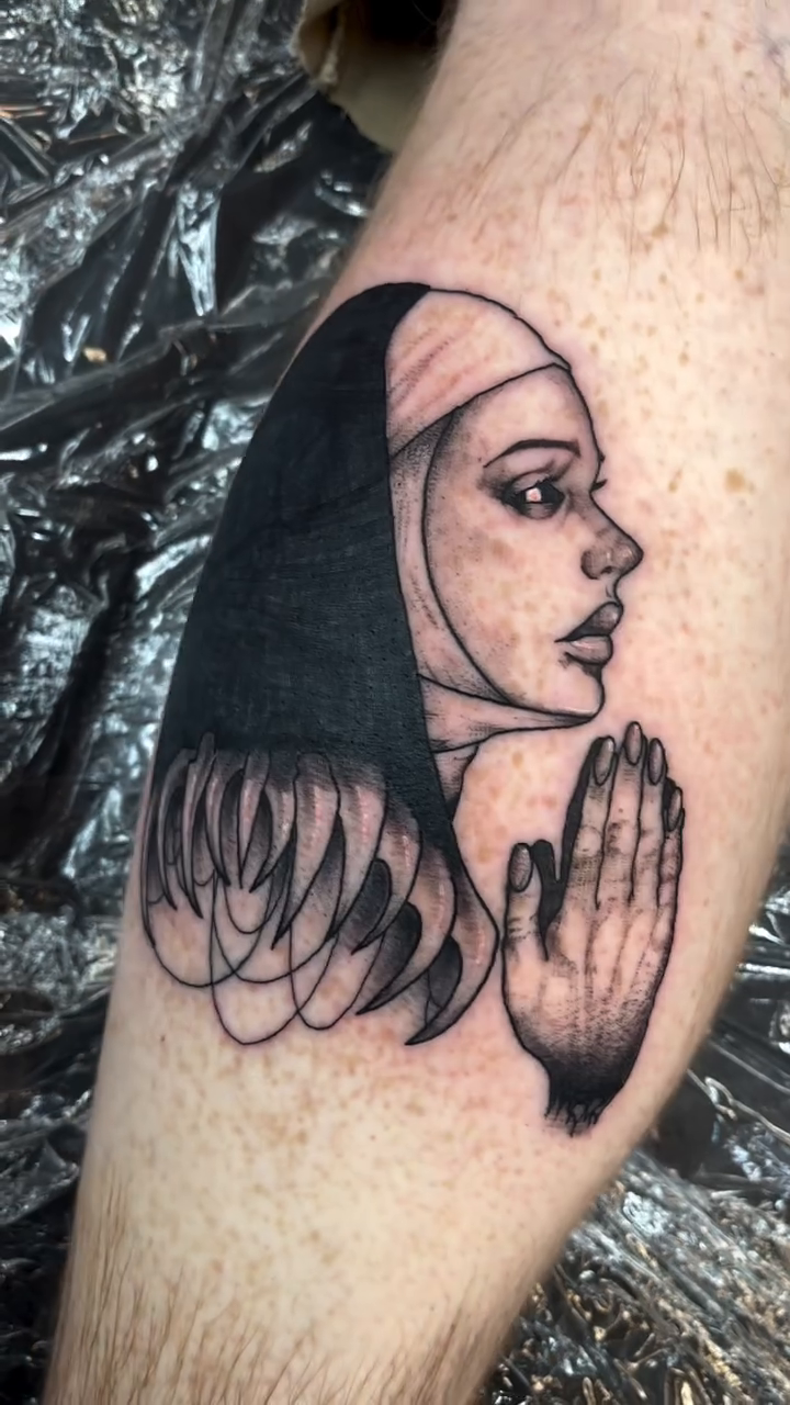 Nun praying fine line tattoo by kylie