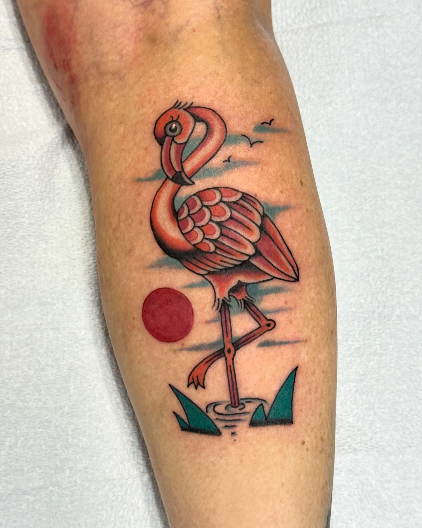 Flamingo American traditional tattoo on the forearm by Dave Shurman