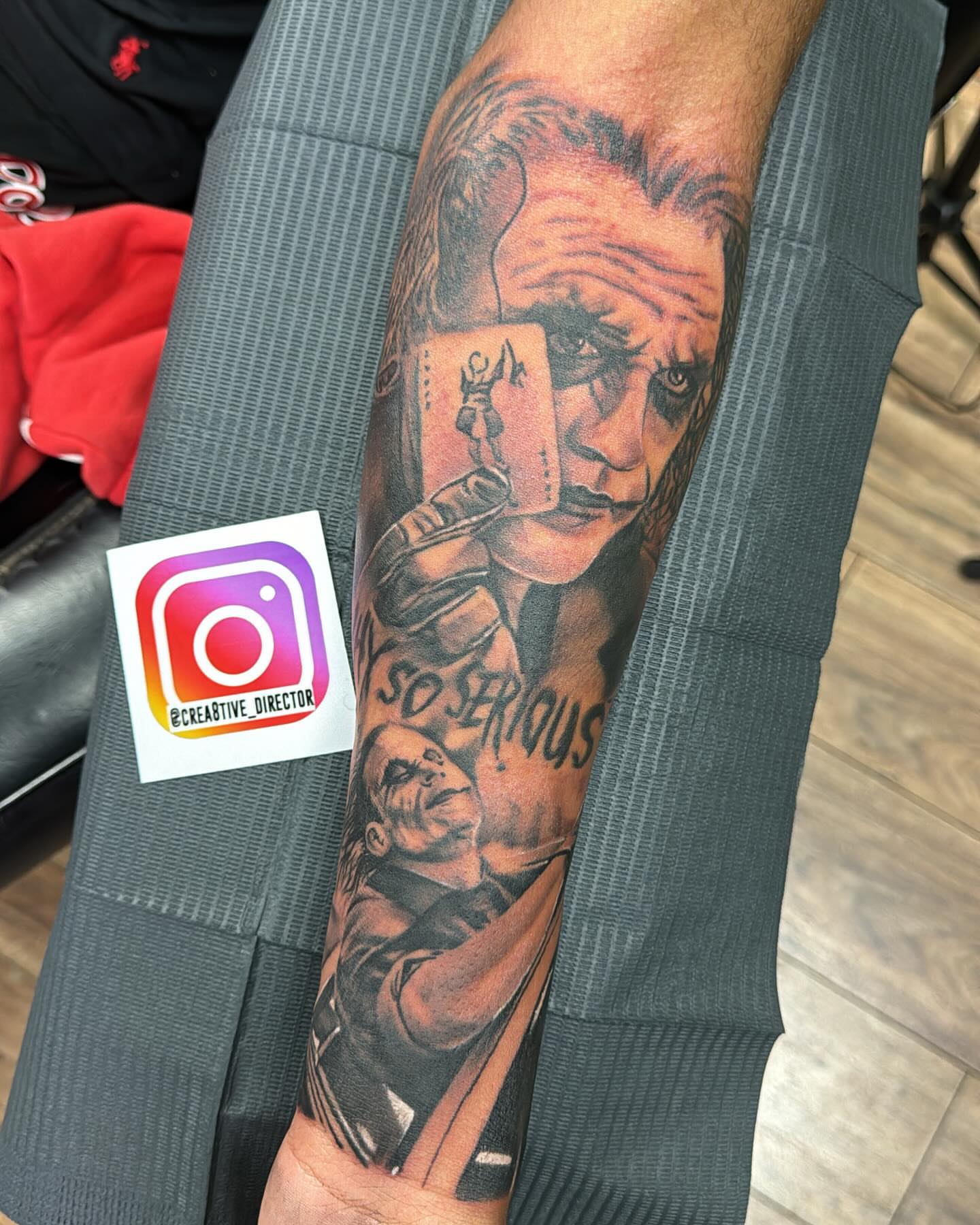 Joker realism tattoo on the forearm by Cedric Fleming