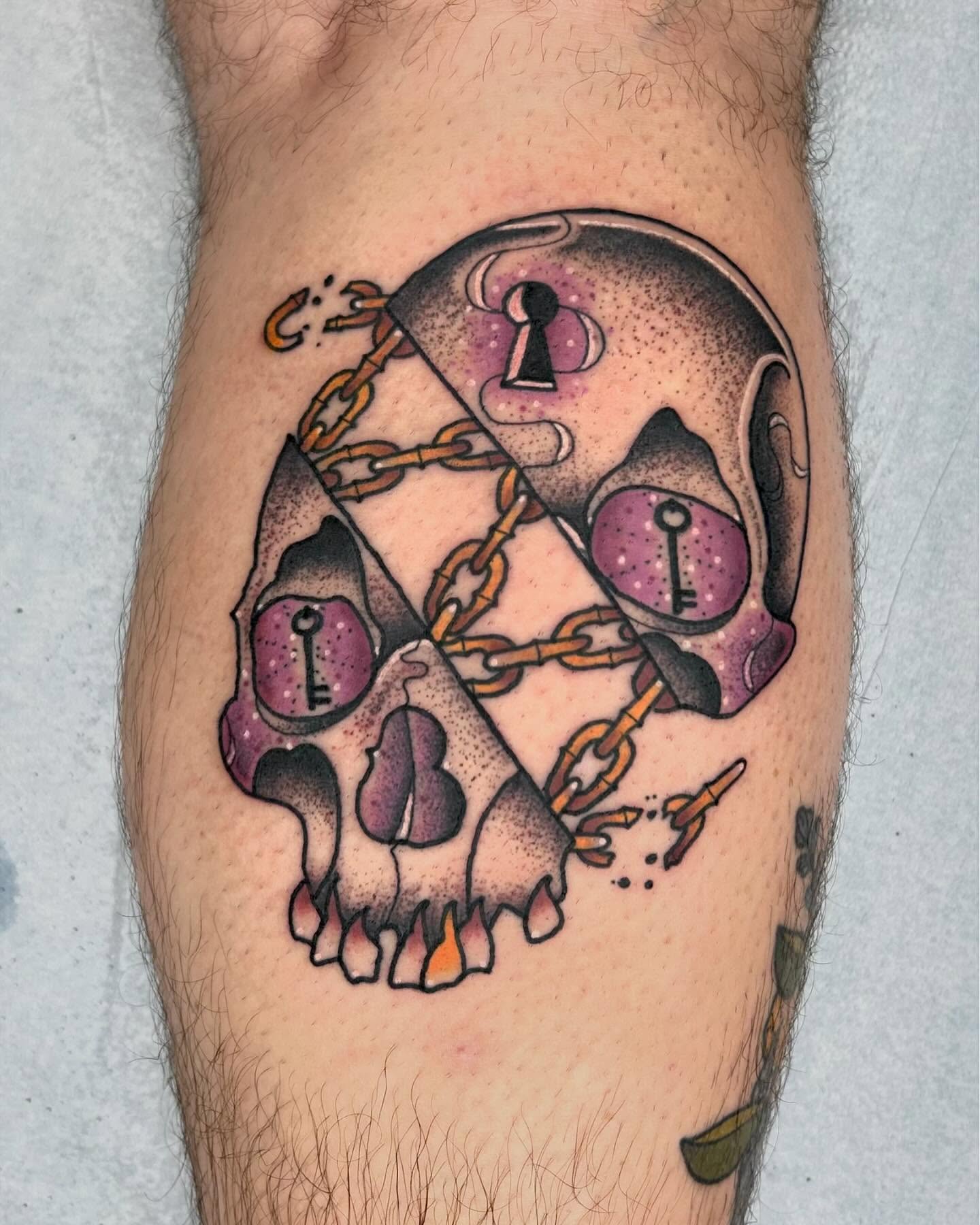 Skull dotwork tattoo on the forearm by Noah Crow