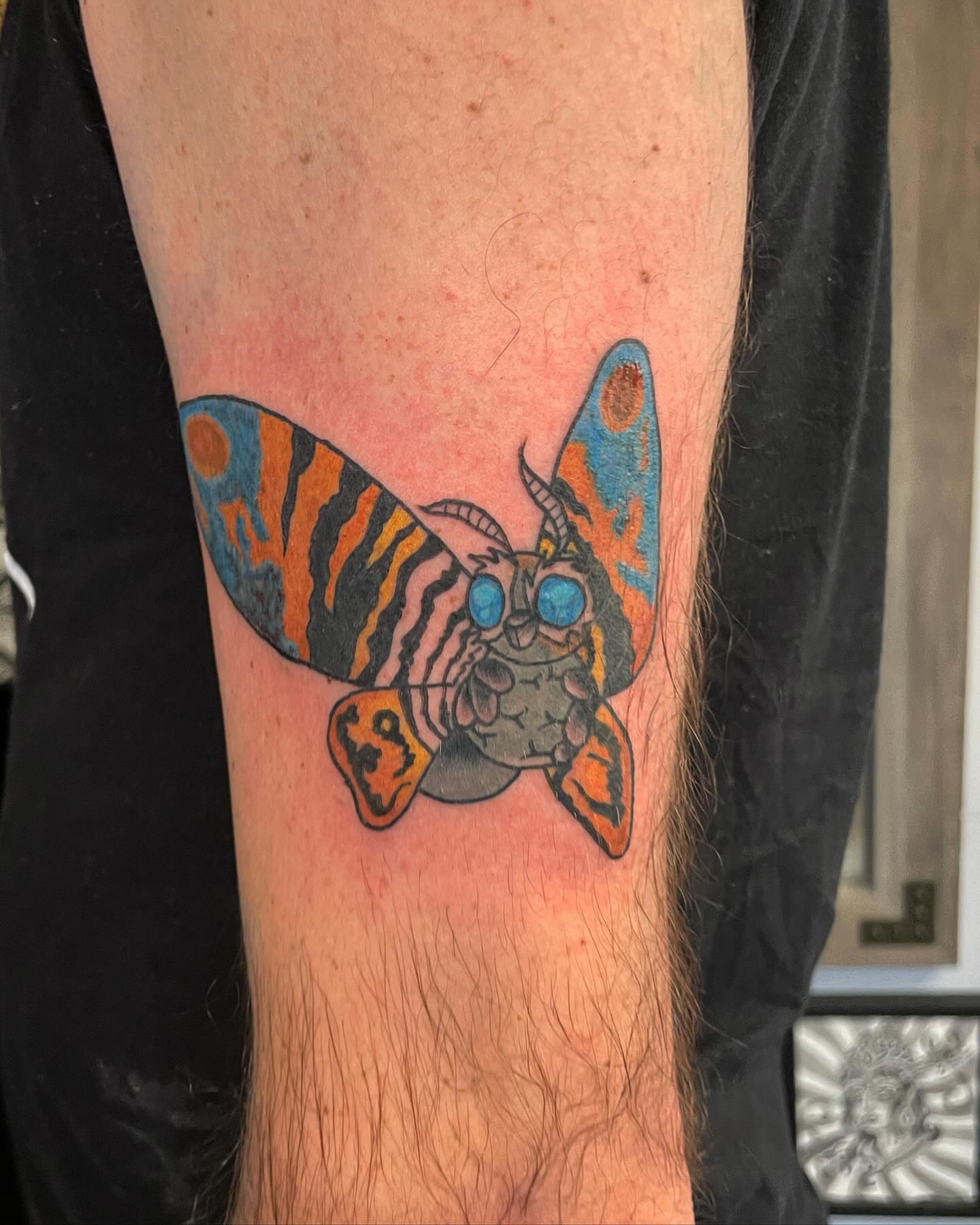 Butterfly new school tattoo on the forearm by Kimberly Shordon