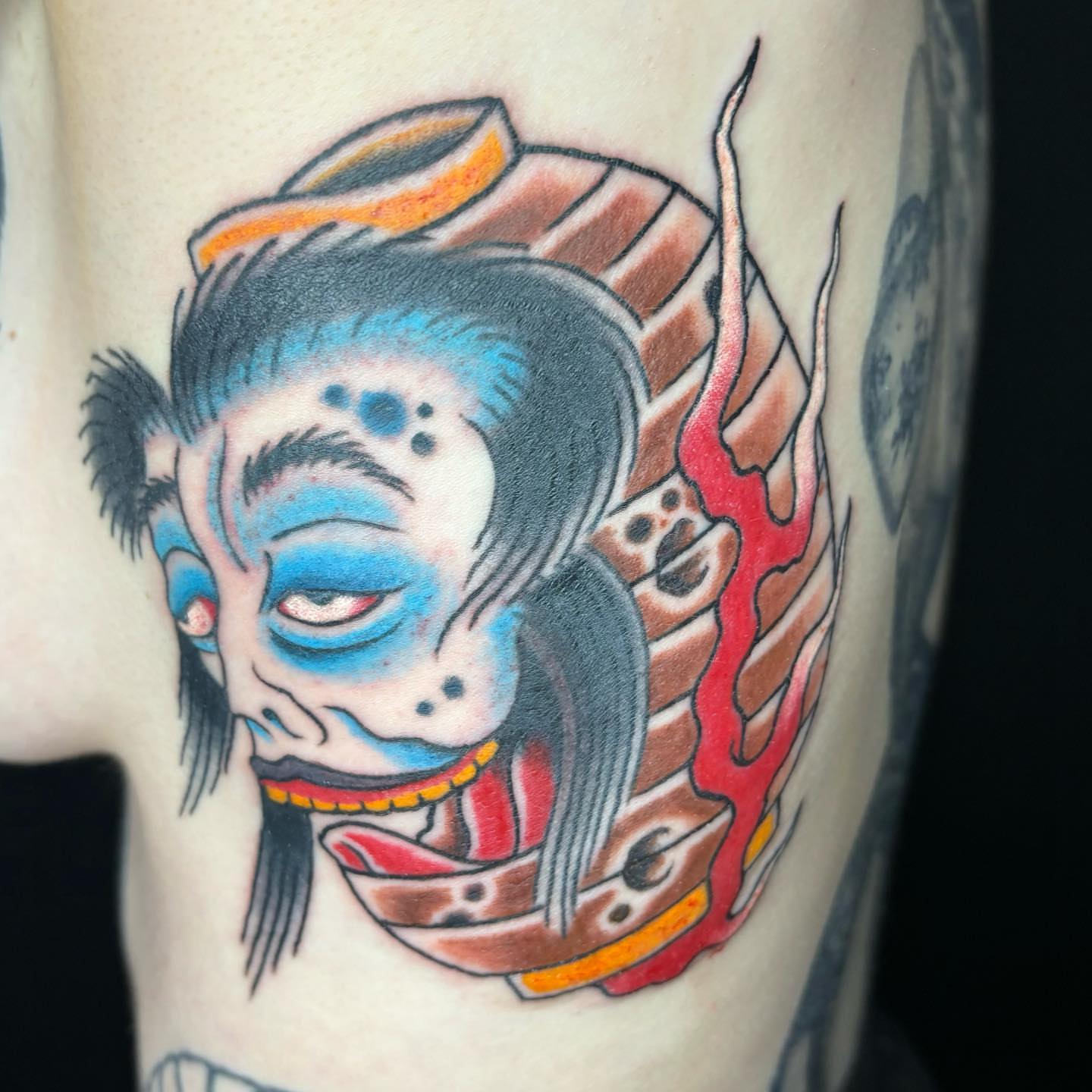 Geisha American traditional tattoo on the forearm by Seth Griffin