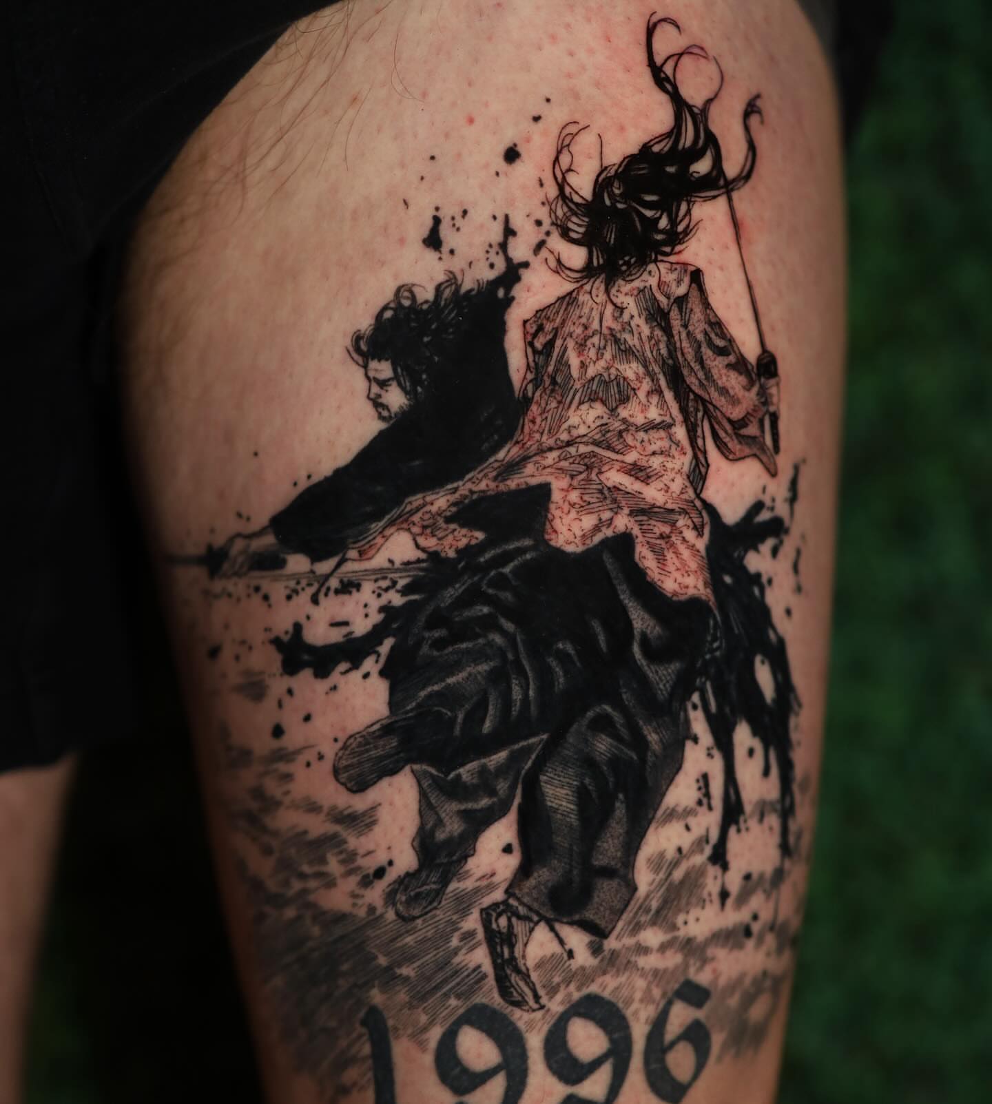Samurai duel dotwork tattoo on the forearm by Dana, Phoenix, Arizona