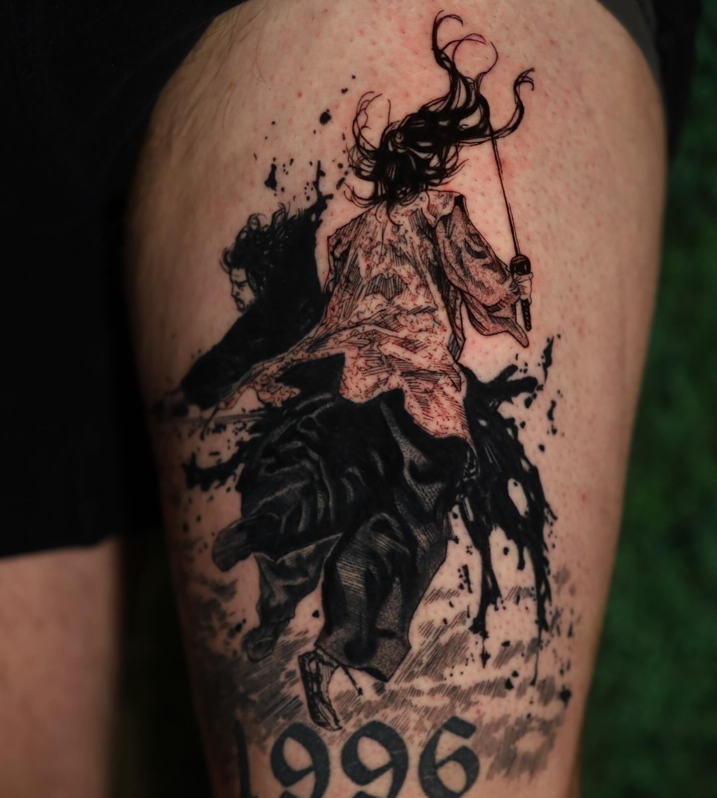 Samurai warrior dotwork tattoo on the thigh by Dana, Phoenix, Arizona
