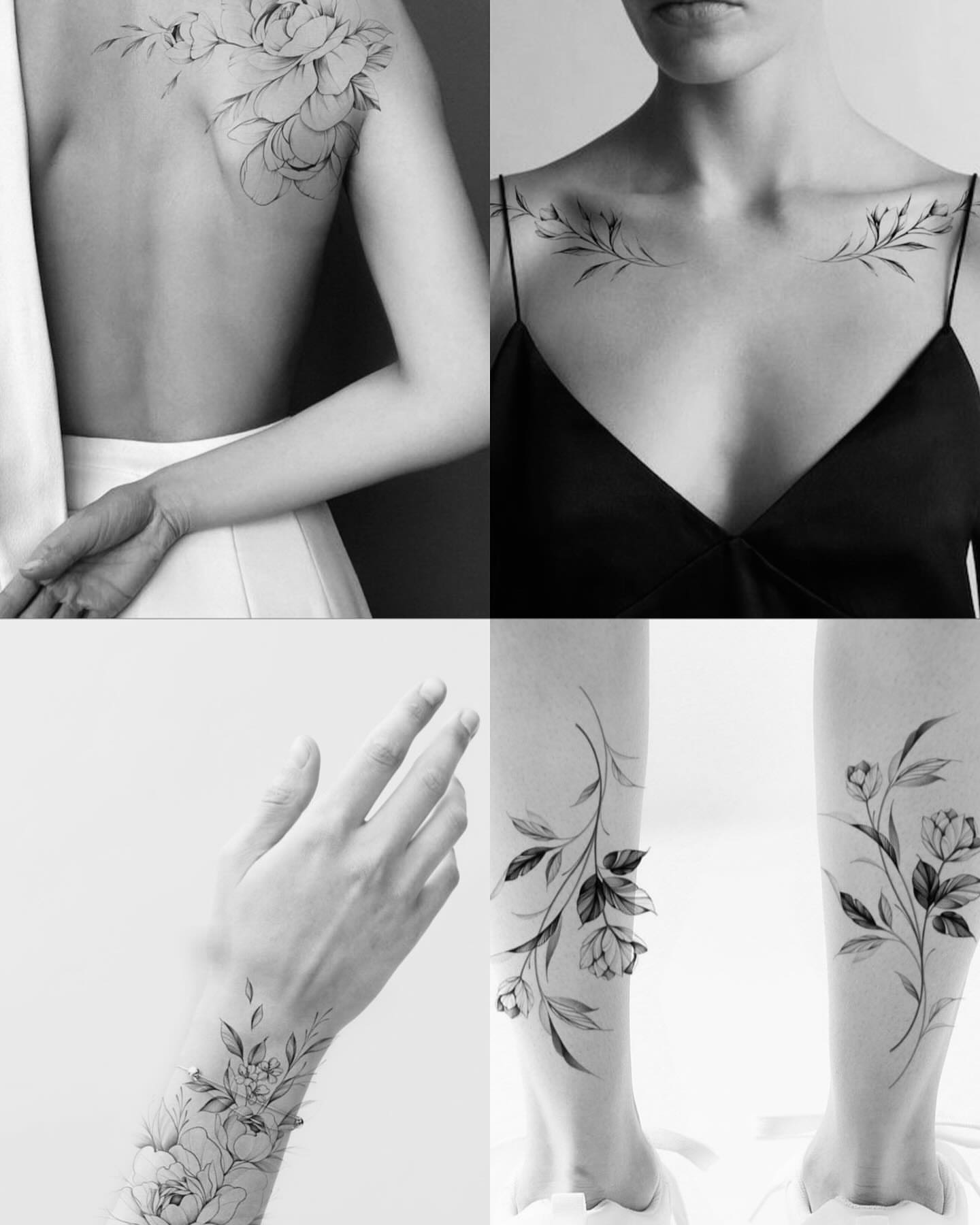 Floral black and grey tattoo on the chest by @katuvetattoo