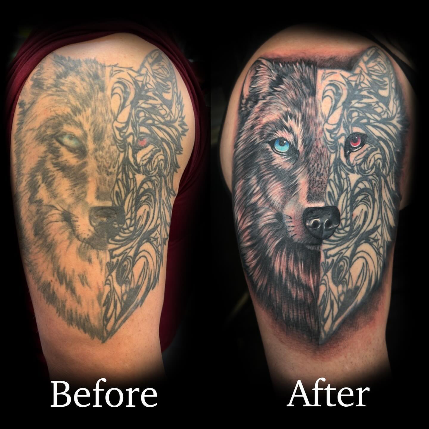 Wolf realism tattoo on the shoulder by Dreamchaserink