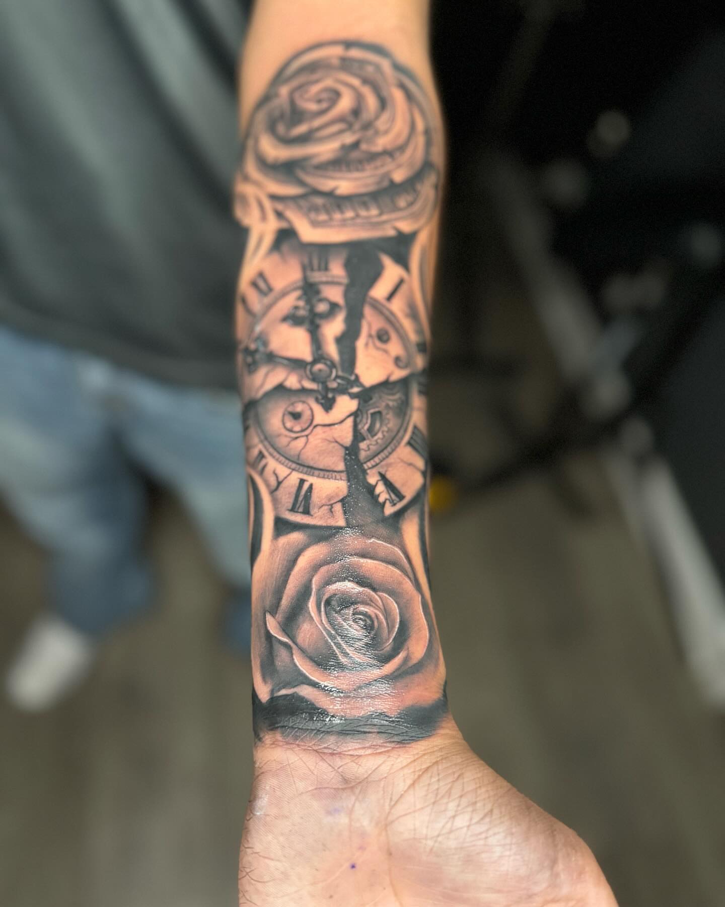 Clock and roses realism tattoo on the forearm by π΅ππππ πΏπππππ, Houston, Texas