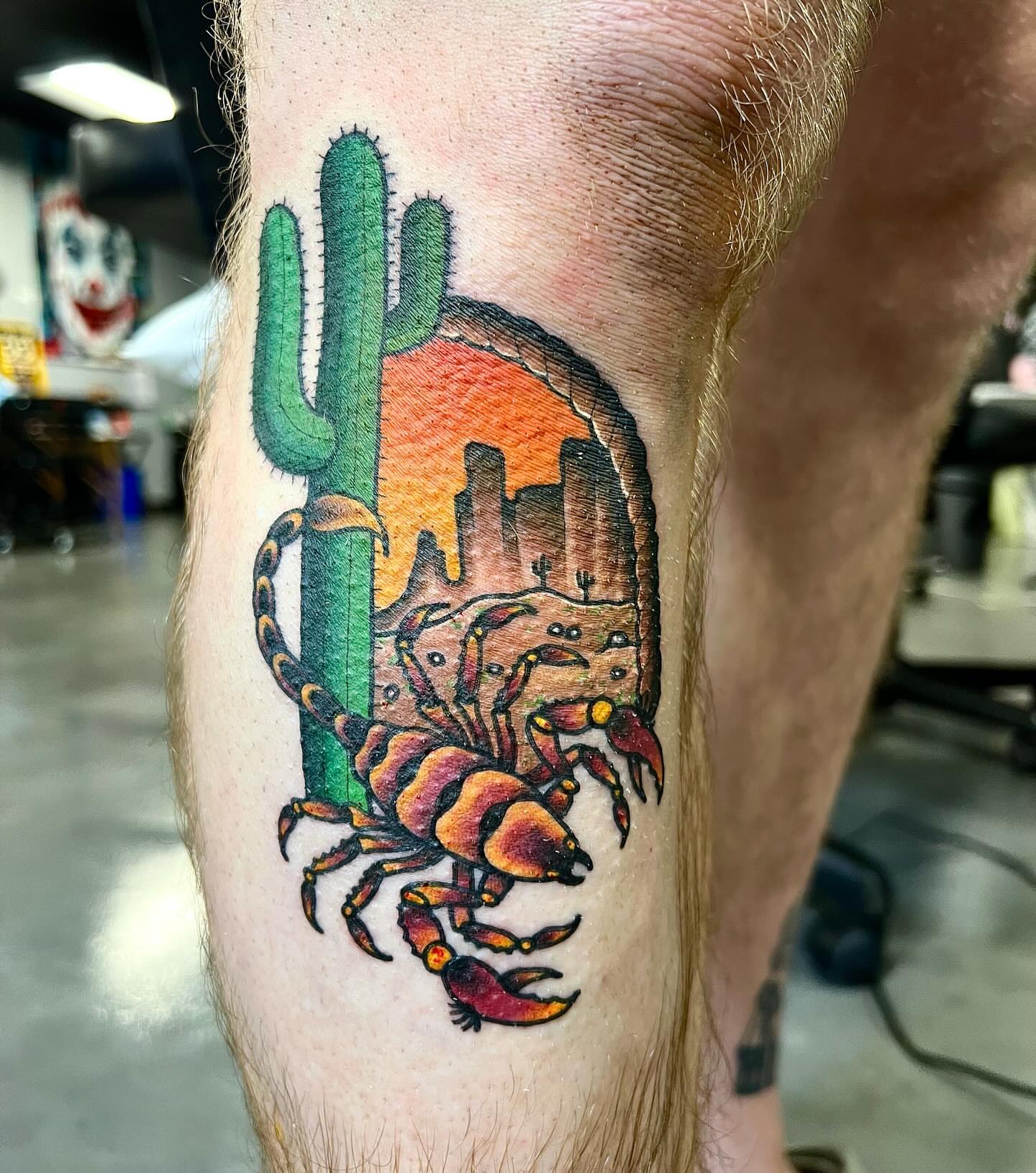 Crab and cactus American traditional tattoo on the thigh by Pam Sanders