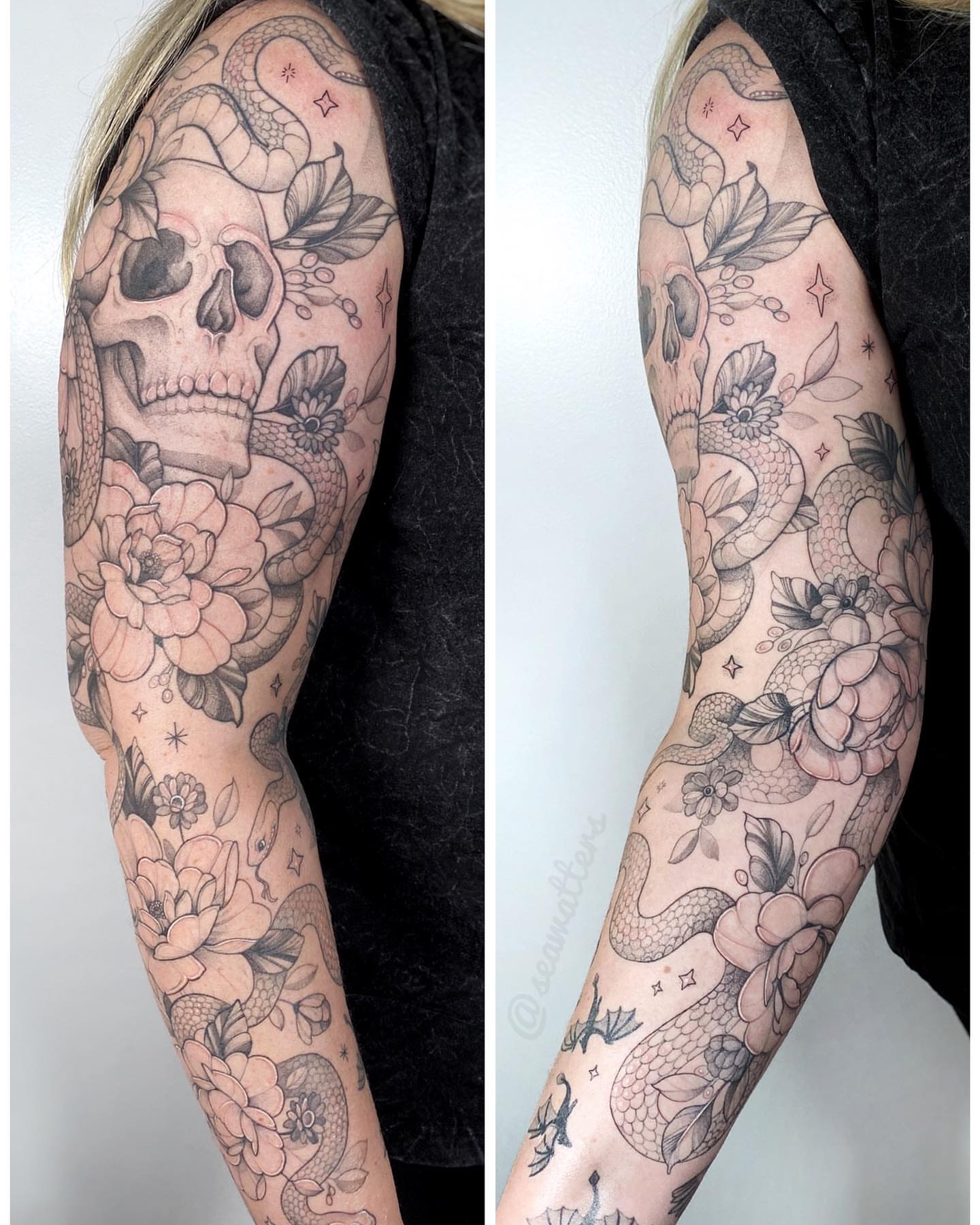 Skull and floral American traditional tattoo on the forearm by Caitlin Watters