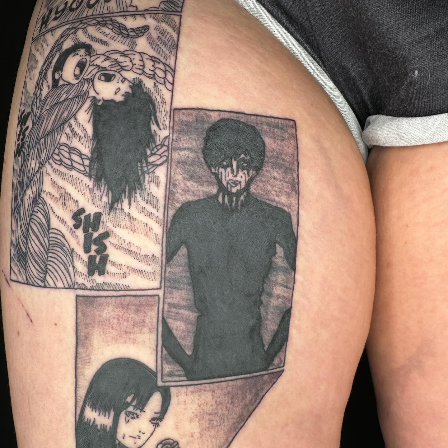 Comic strip dotwork tattoo on the thigh by @inkedbybanti