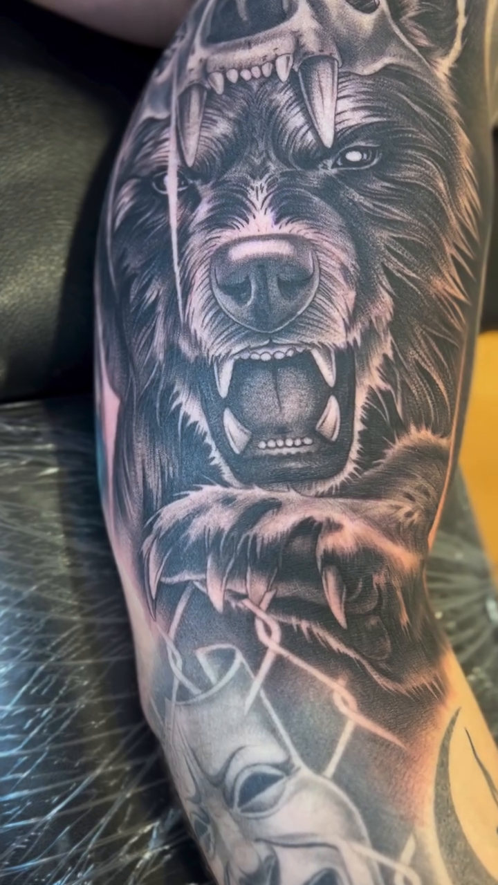 Bear head realism tattoo by Kyle Lopez, Union City, California