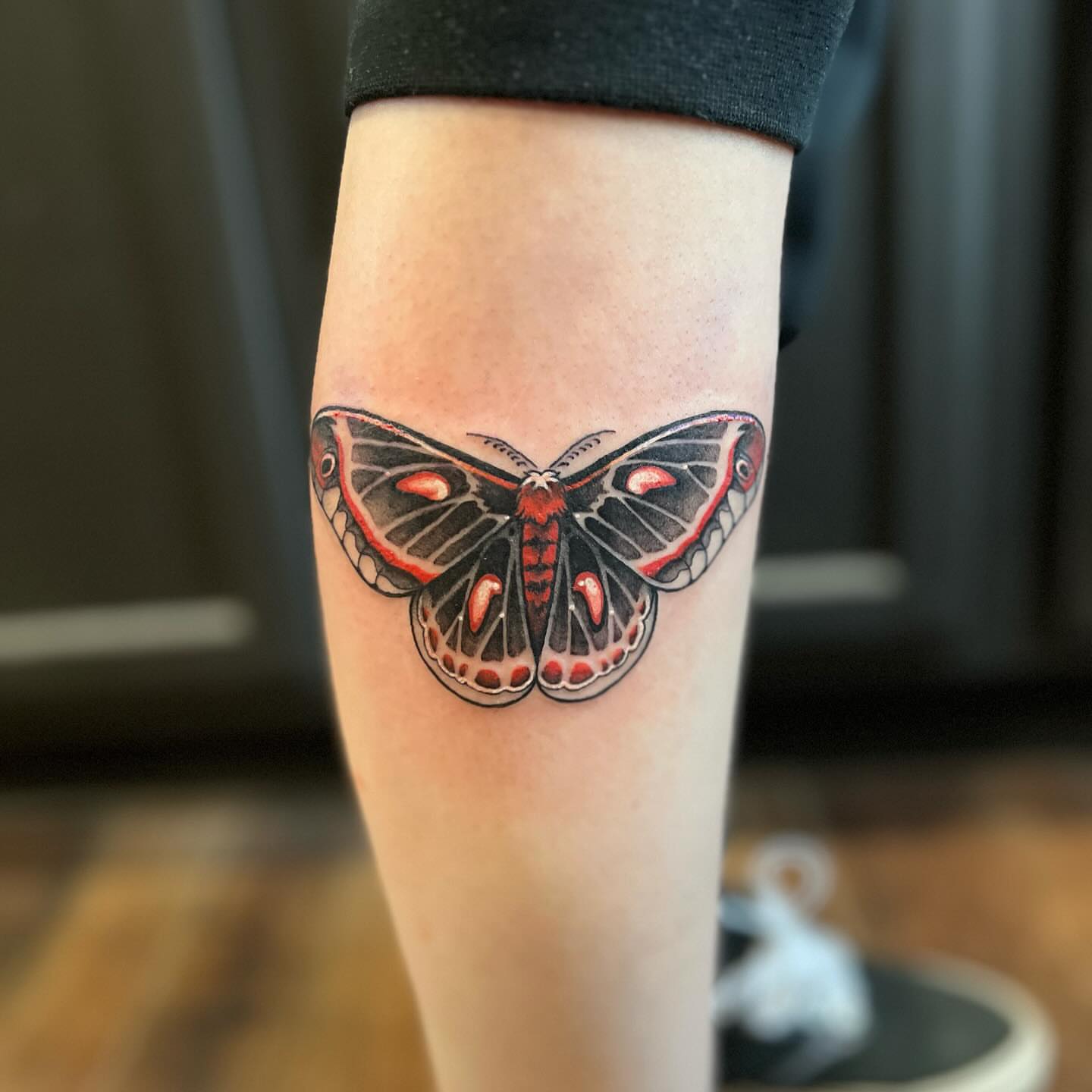 Butterfly American traditional tattoo on the forearm by Tattoos by Alli Wilcox