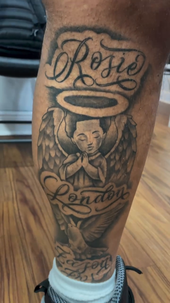 Names and numbers lettering script tattoo by Blake