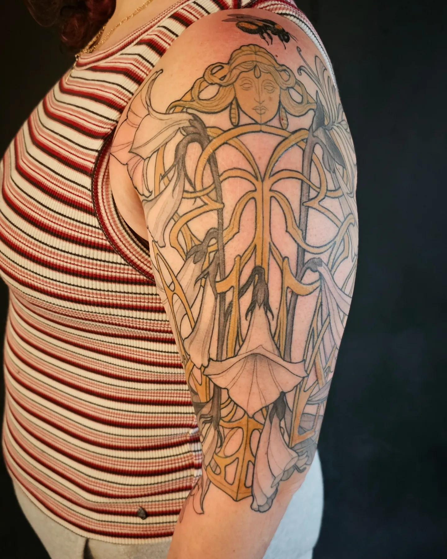 Woman with floral motifs ornamental tattoo on the shoulder by Robert Kraiza - Philadelphia Tattoo Artist