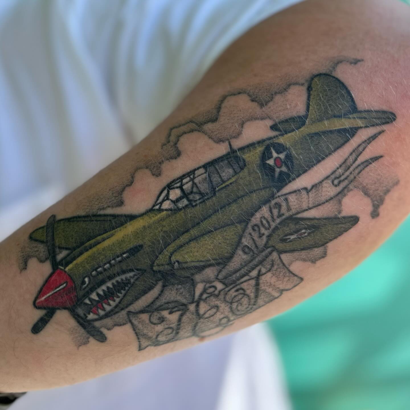 Military aircraft American traditional tattoo on the forearm by 匚卂ㄒ乙丨ㄥㄥ卂