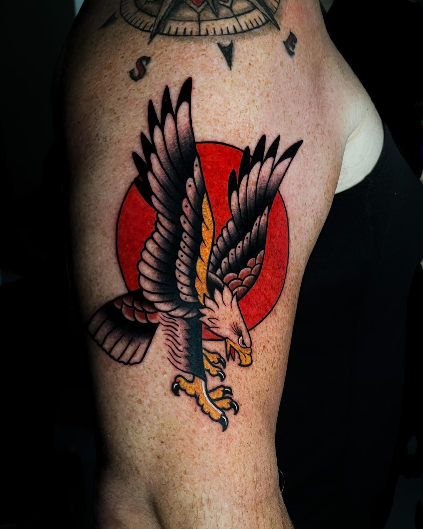 Eagle American traditional tattoo on the forearm by Demi DiMartino