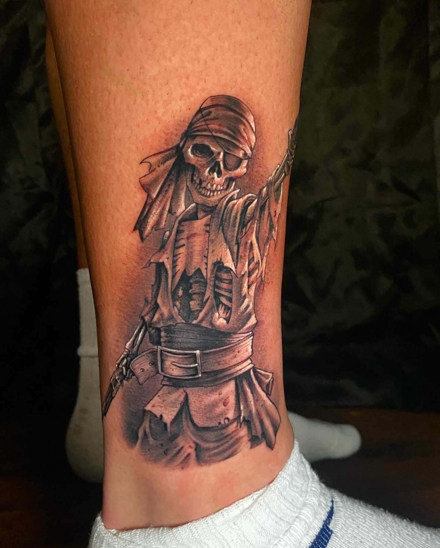 Pirate skeleton realism tattoo on the calf by D Benzo ~ San Diego Tattoo artist ~