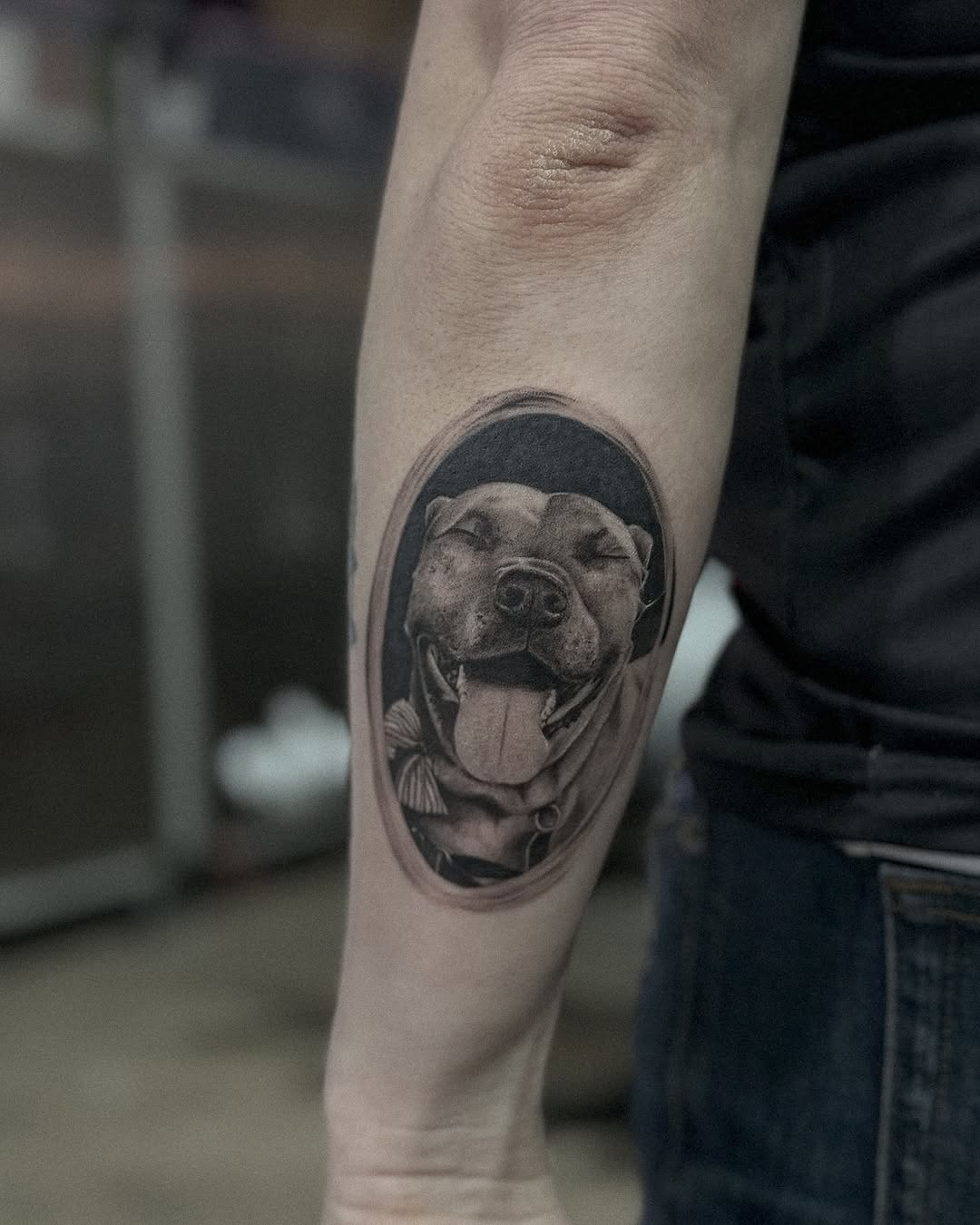 Pitbull dog portrait realism tattoo on the forearm by โ๏ธ Dima Sova โ๏ธ Tattoo ๐บ๐ธ Arlington VA