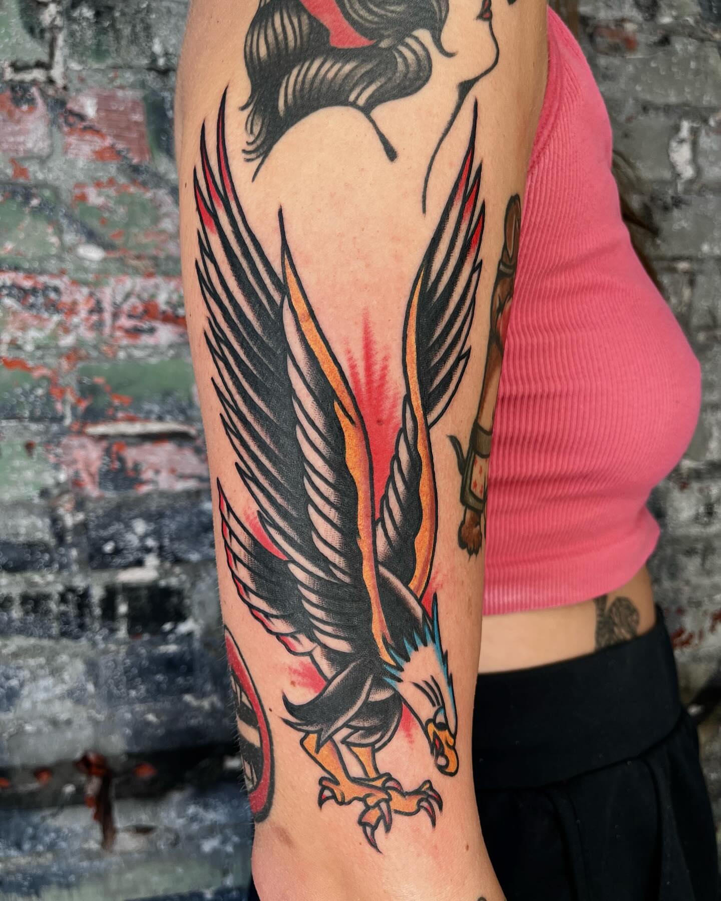 Eagle American traditional tattoo on the forearm by zach arlan, Kansas City, Missouri
