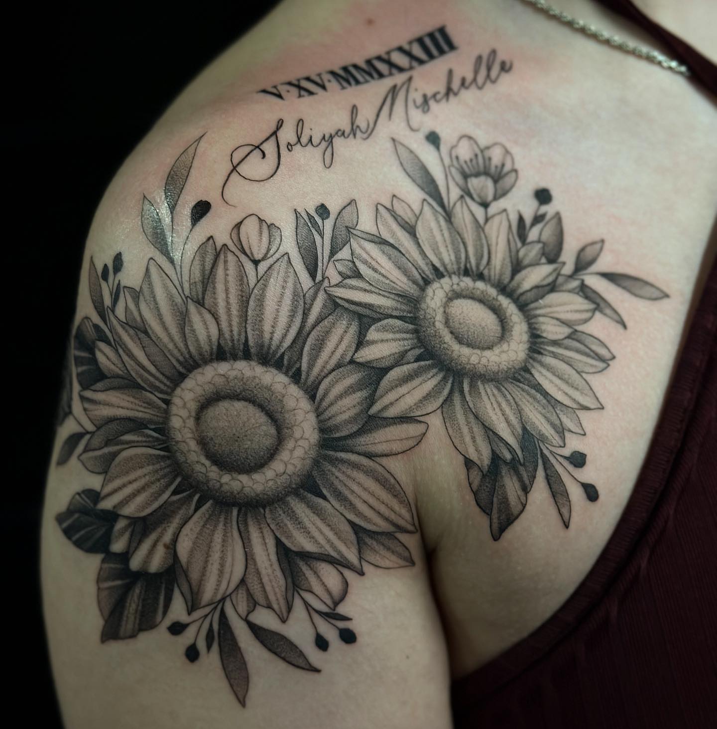 Sunflowers realism tattoo on the shoulder by audi