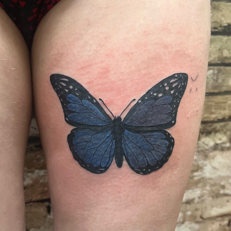 Butterfly realism tattoo on the thigh by Michelle