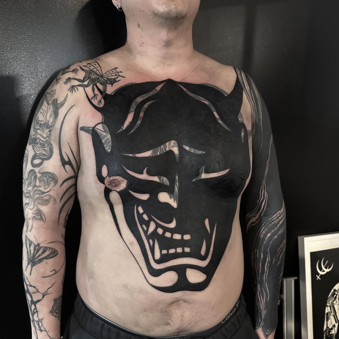 Hannya mask chest piece Japanese tattoo on the chest by Han shinko, Portland, Oregon