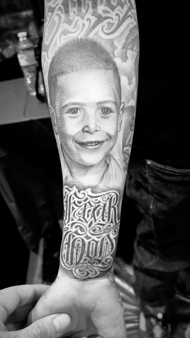 Child portrait with script realism tattoo by π π π β π π π π