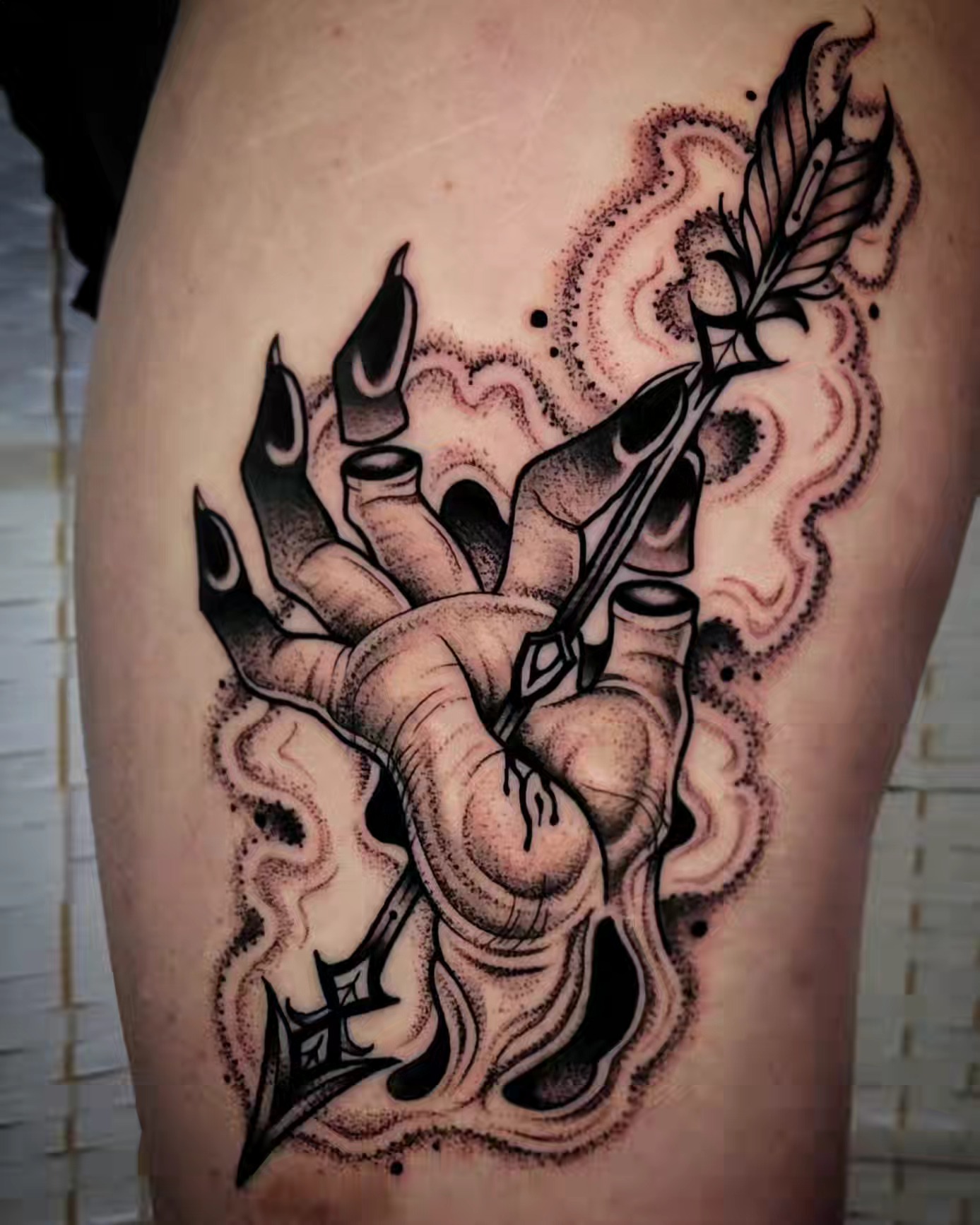 Tattoo by @lovelornpotato — dotwork, black_and_grey