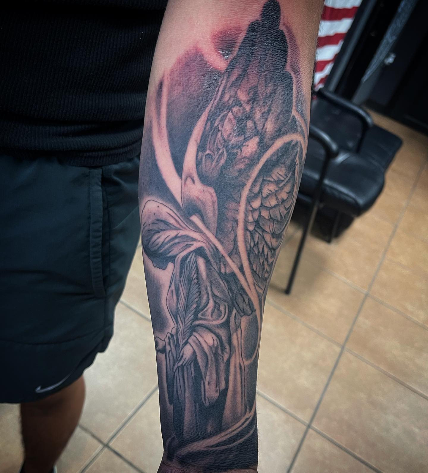 Dragon and woman realism tattoo on the forearm by @tattoos_by_elijah