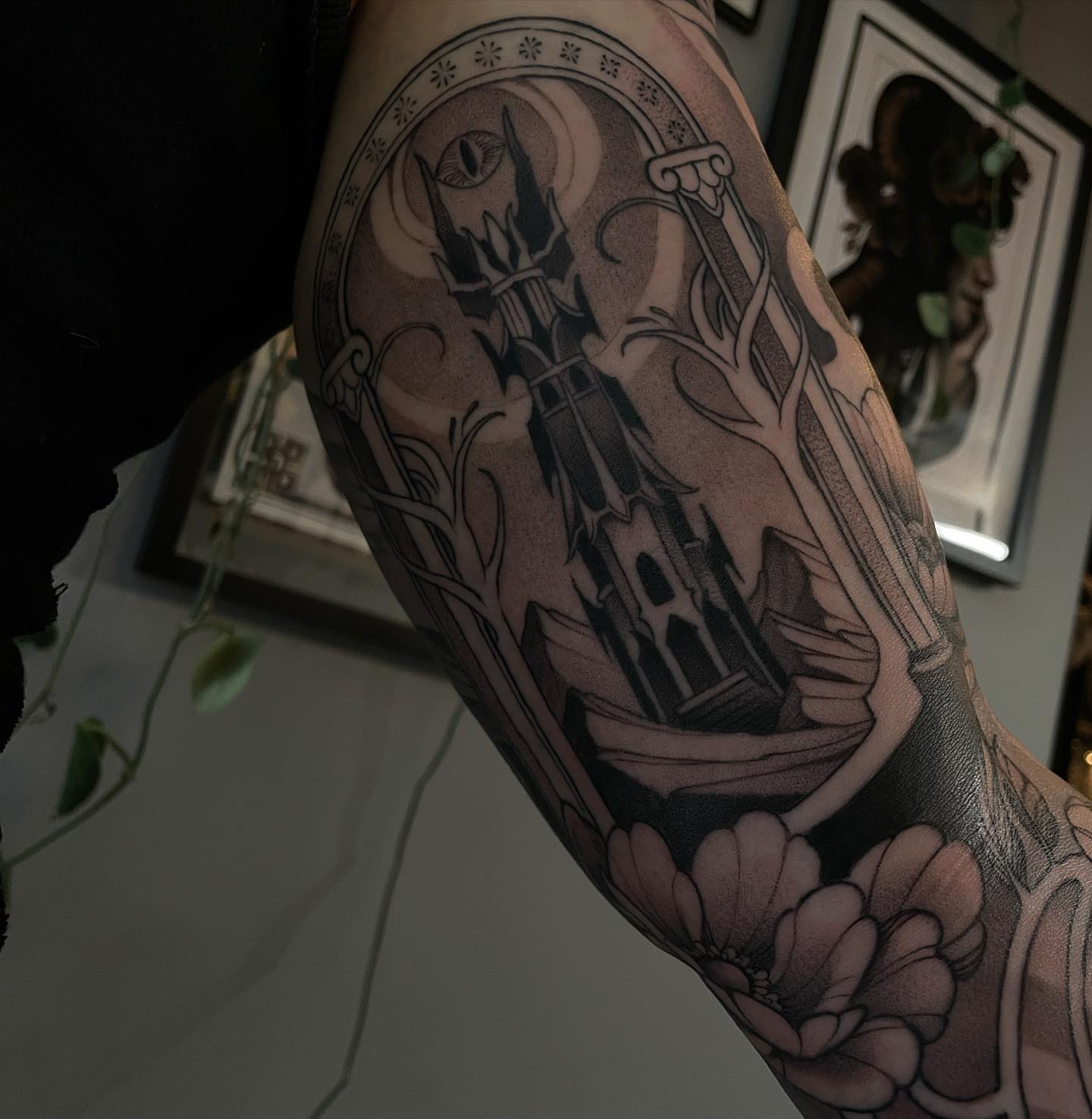 Castle and flowers realism tattoo on the forearm by Madelyn Roberts, Bellingham, Washington