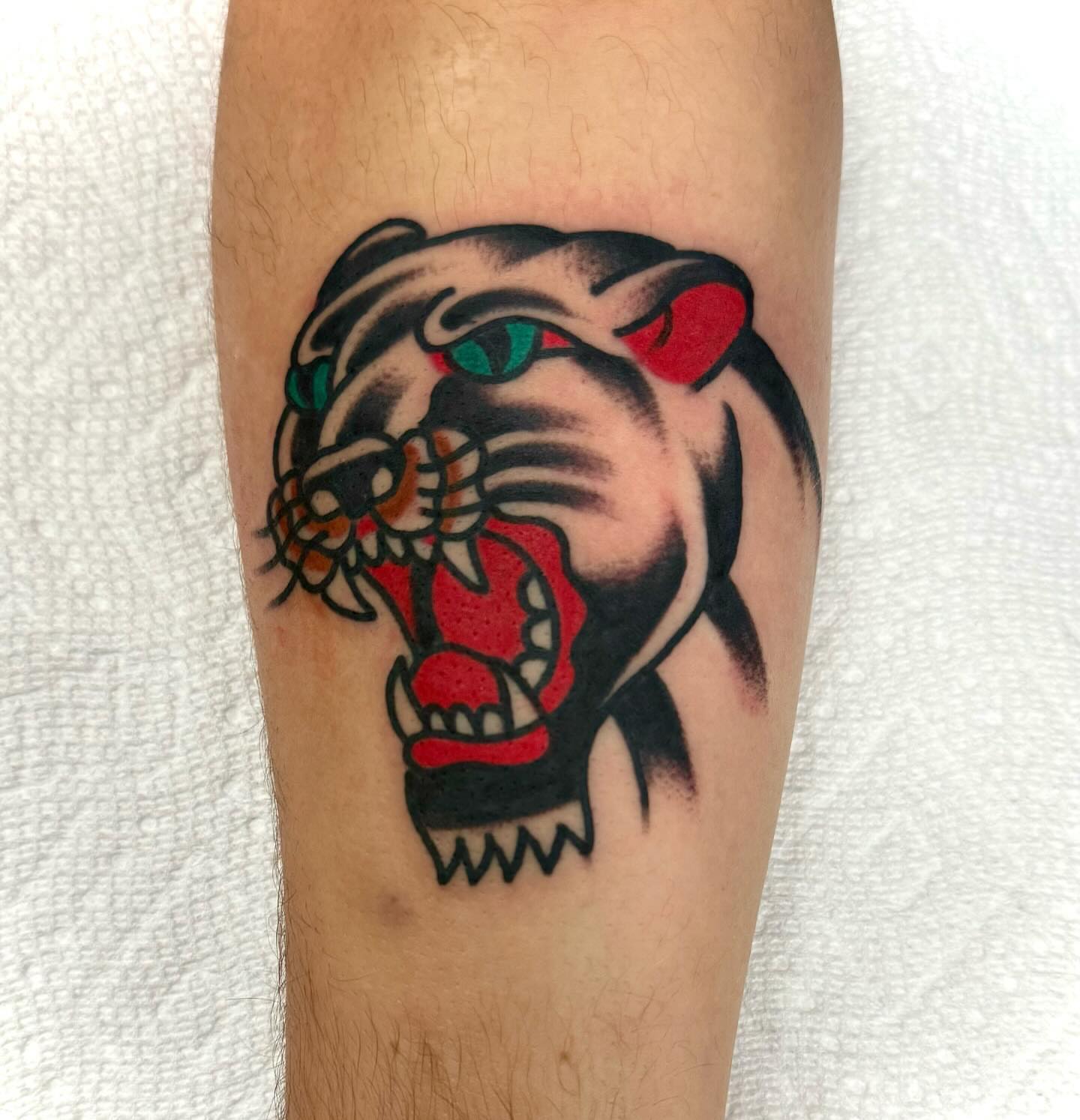 Roaring tiger American traditional tattoo on the forearm by Nicholas Mella, Nashville, Tennessee