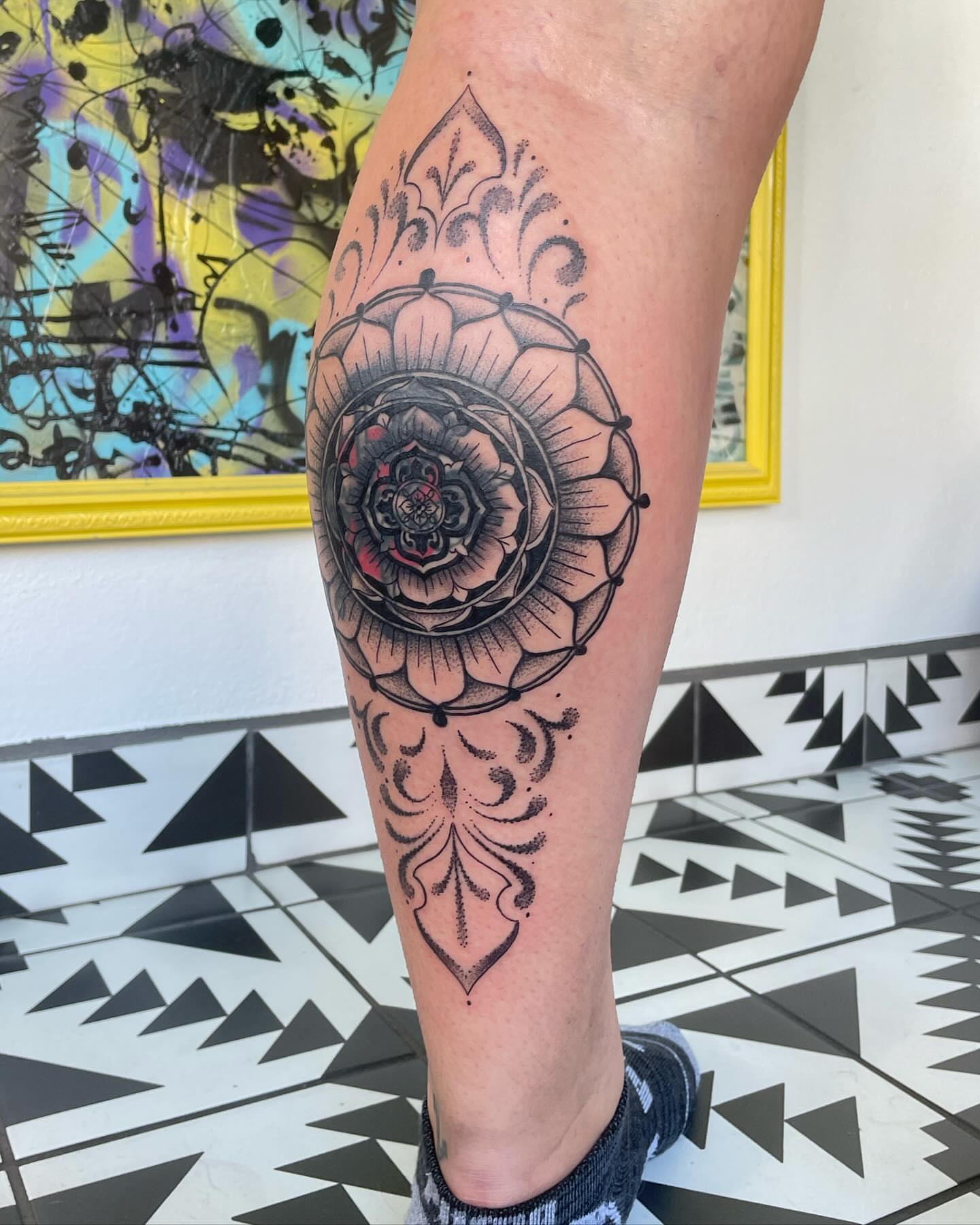 Lotus flower dotwork tattoo on the calf by ✤ Ornamental Tattoo Artist ✤