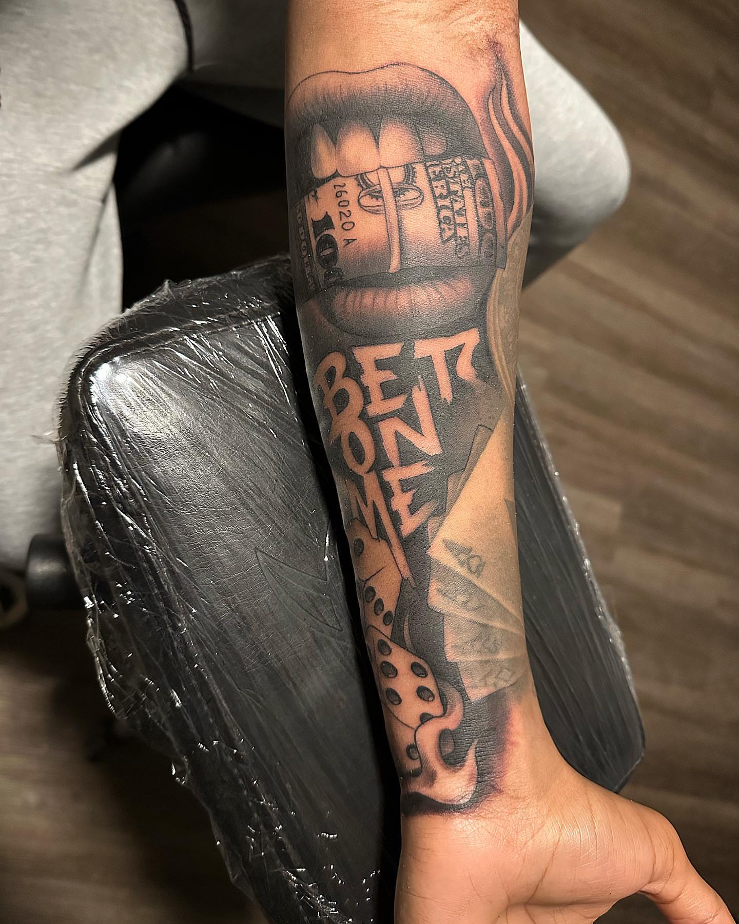 Bet me American traditional tattoo on the forearm by TattsByShorty