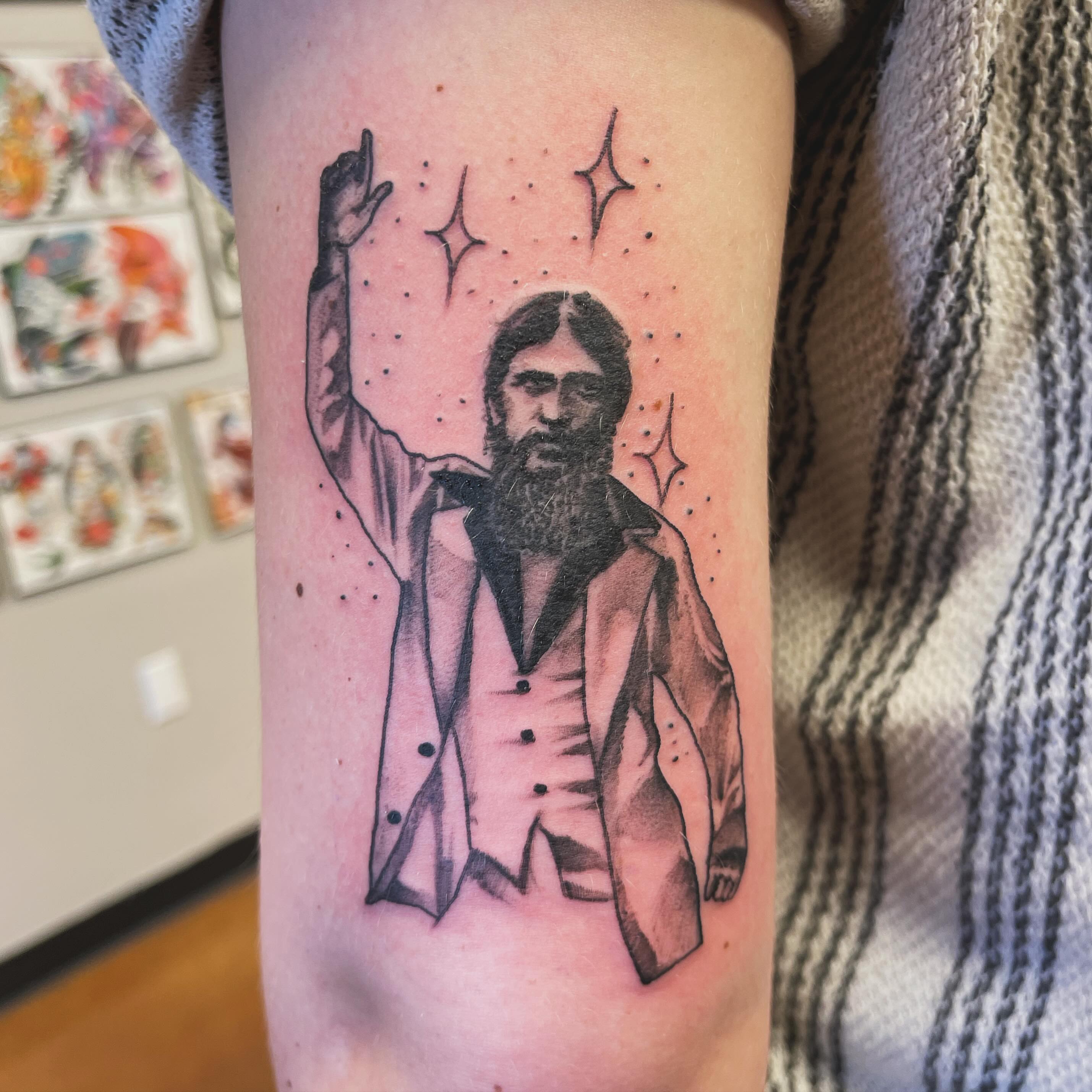 Man with beard dotwork tattoo on the forearm by 💀good To the Grave💀