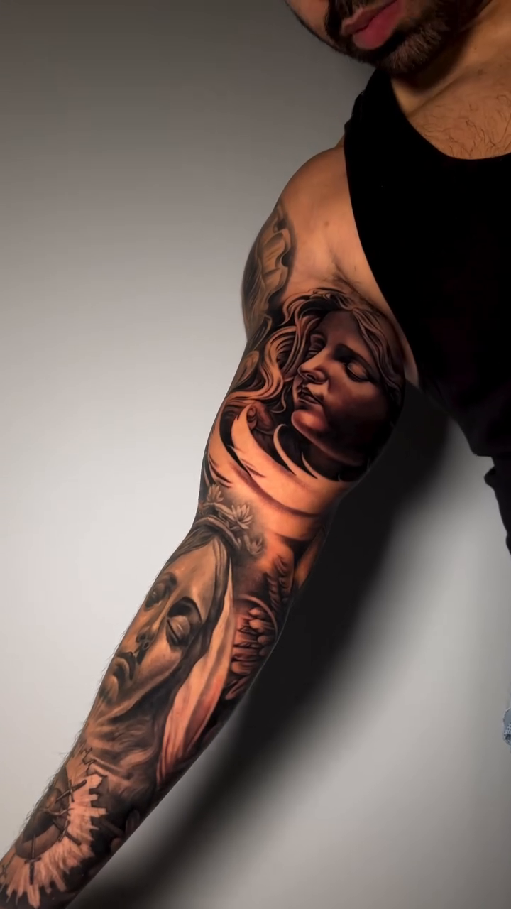 Woman and mechanical parts realism tattoo by P.Lok