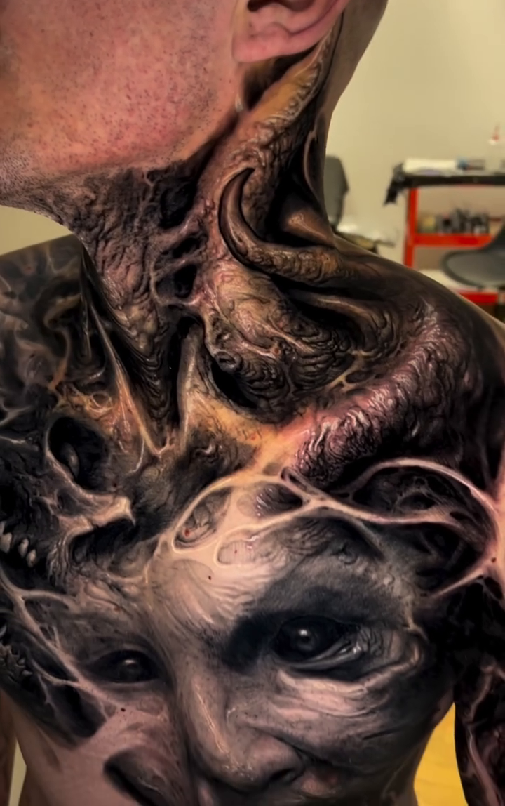 Surreal portrait with abstract elements dark realism tattoo by David Jorquera