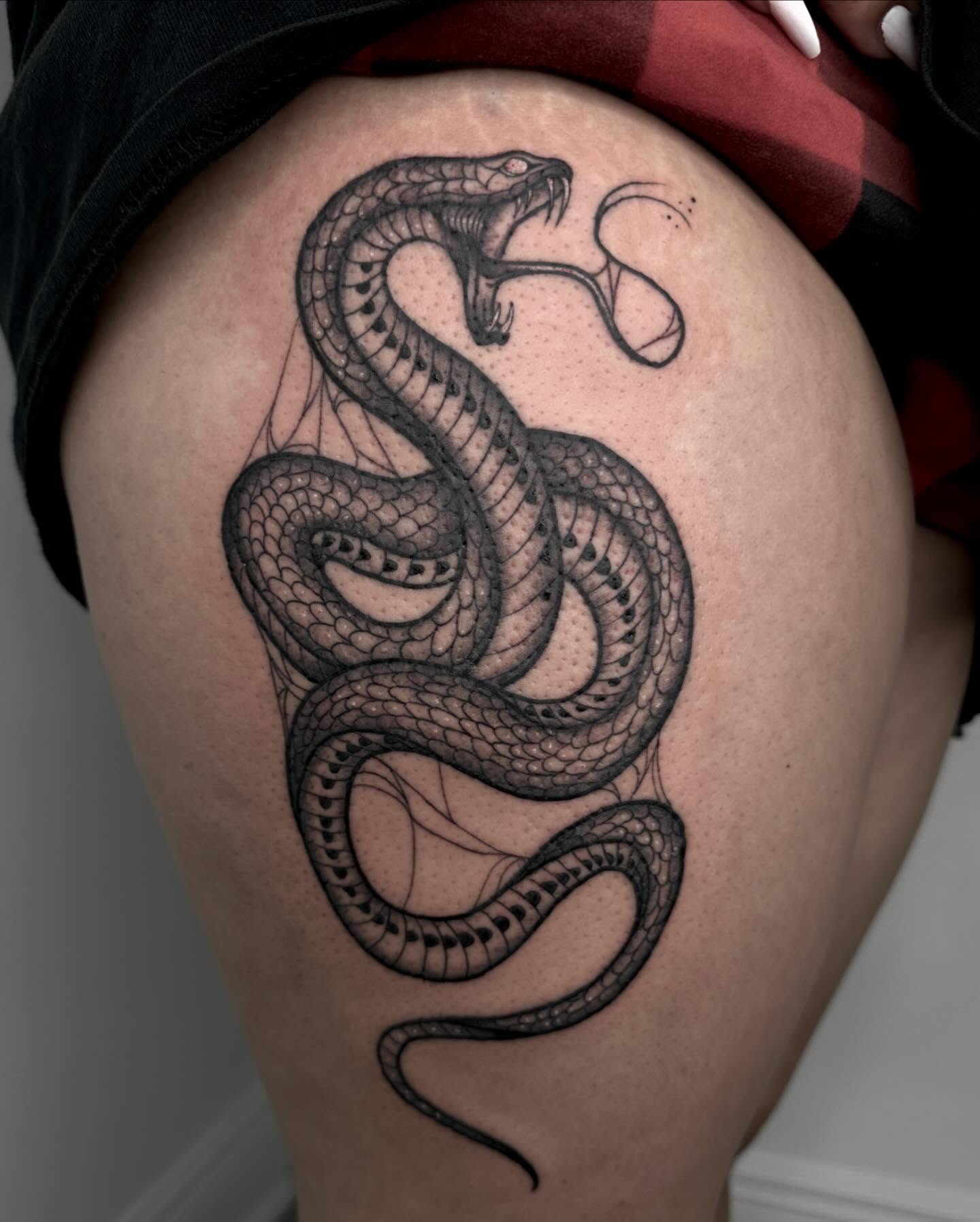 Snake black and grey tattoo on the thigh by ✮ Monarch Tattoos ✮