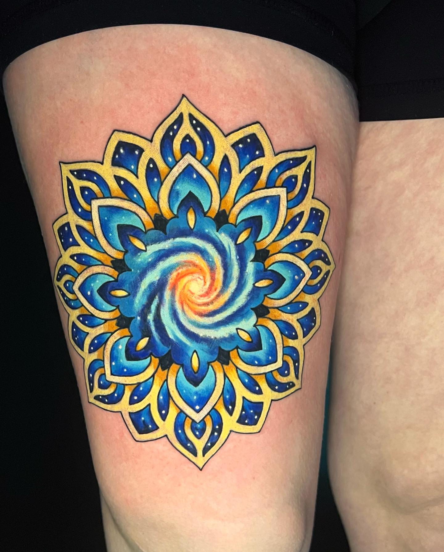 Mandala geometric tattoo on the thigh by Jeremy✨Sloo✨ Hamilton, Charlotte, North Carolina