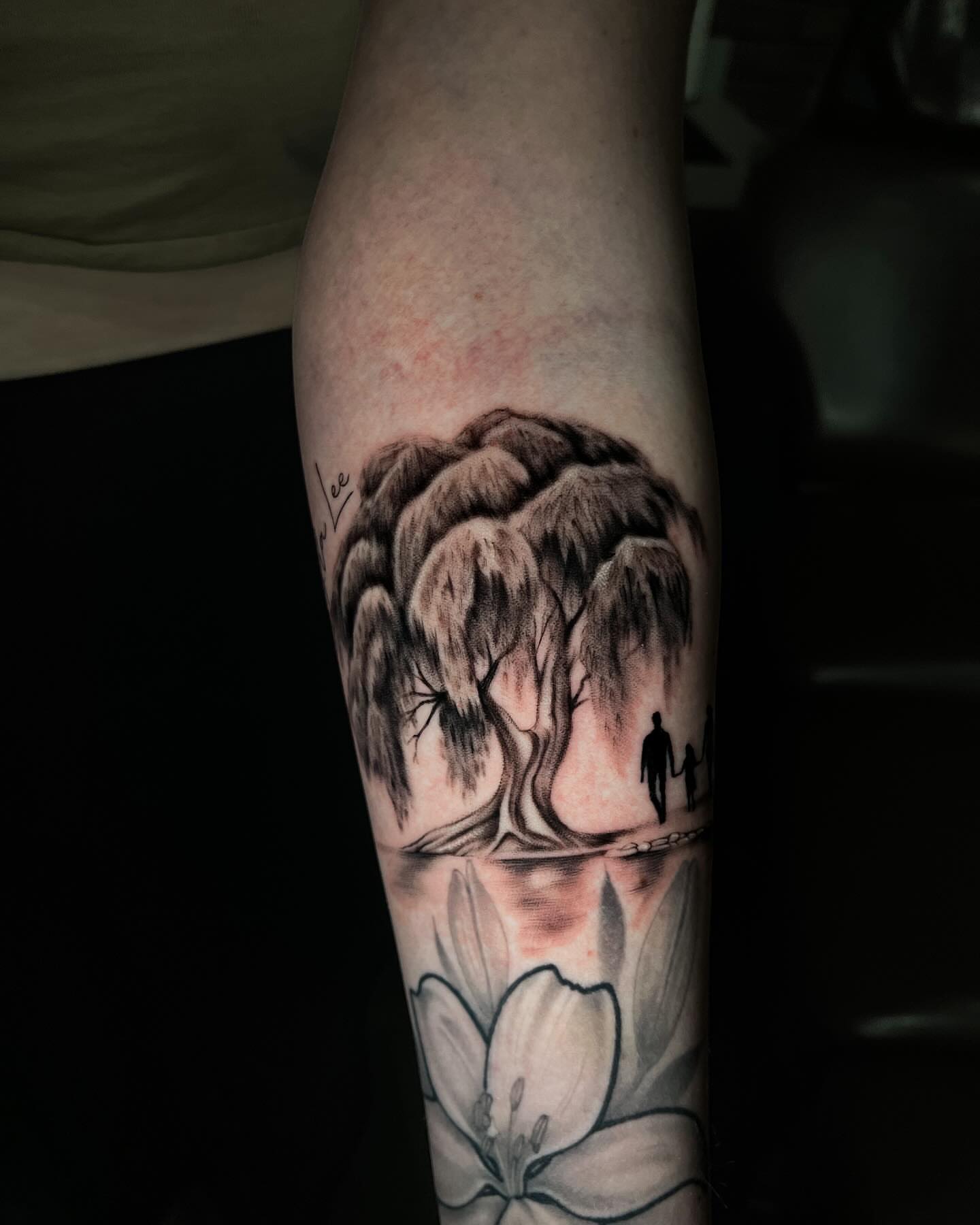 Weeping willow tree and couple realism tattoo on the forearm by Demi DiMartino