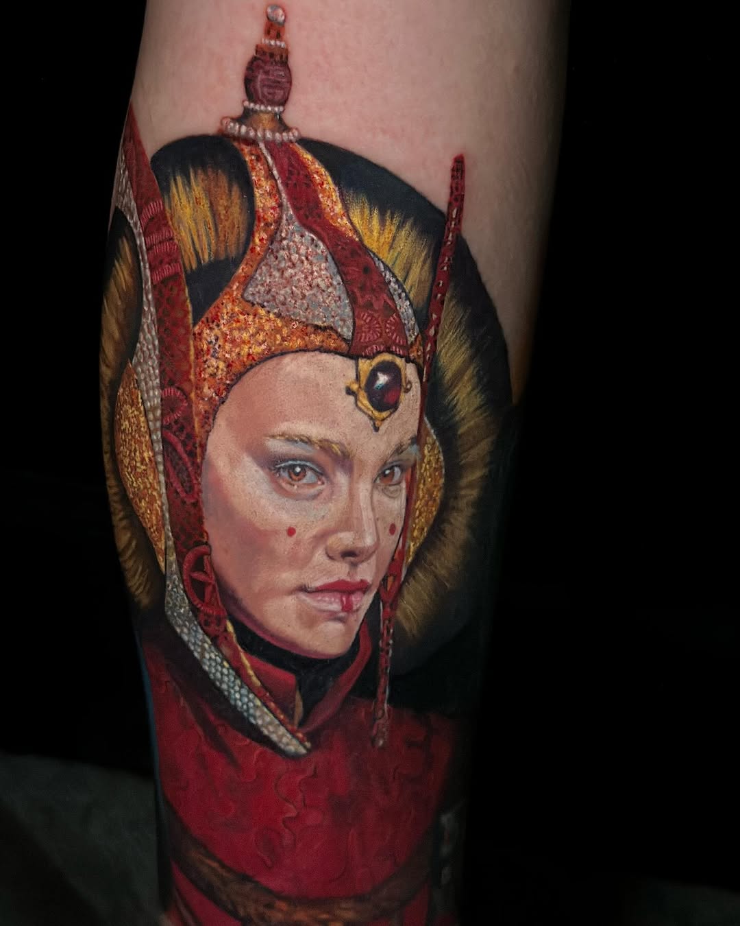 Padme Amidala portrait neo-traditional tattoo on the forearm by Raven Wood